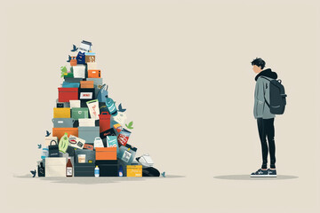 Overproduction concept - simple figure standing by a large pile of products - 781267883