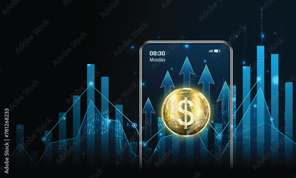 Poster abstract digital mobile cellphone with golden dollar coin, coin stack and arrow up on smarthone scre