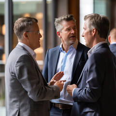 Networking at Business Event: Group of Professional Men in Suits Engaged in Lively Conversation and Networking in a Modern Conference Setting. Social Interaction and Relationship Building Among Indust