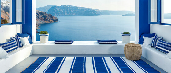Santorinis Cliffside Splendor, A Panorama of White Villas and Azure Waters Under the Greek Sun - obrazy, fototapety, plakaty
