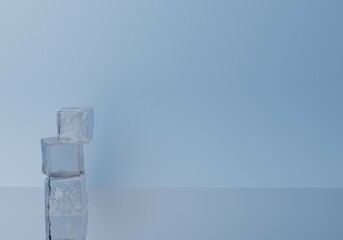Icy Light blue Minimal surface background. 3D Illustration of groups of ice cubes on empty table shelf for elegant product presentation. 3D Render