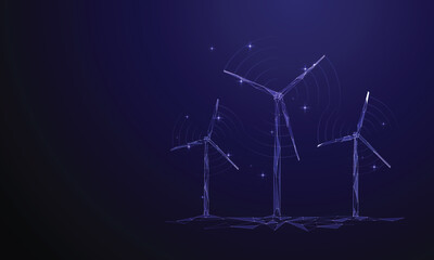 Abstract technology futuristic 3D windmill park. Sustainable energy on electric blue background. Low poly digital wireframe vector illustration.