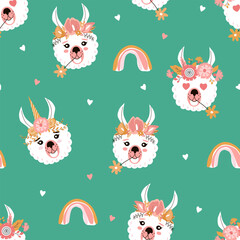 Fototapeta premium Llamas in flower crowns and text seamless pattern. Creative childrens texture. Great for fabric, textile vector illustration