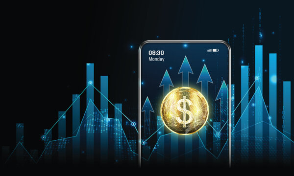 Abstract digital mobile cellphone with golden dollar coin, coin stack and arrow up on smarthone screen. Growth graph chart on technology dark background. Money increase revenue. Vector illustration.