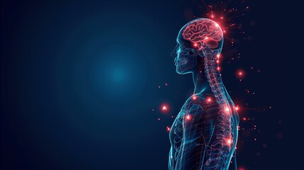 human body with glowing red brain and spine on dark blue background, digital illustration, copy space - obrazy, fototapety, plakaty