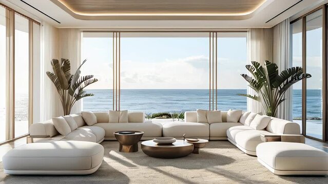 A large living room with a view of the ocean. The room is filled with white furniture and plants