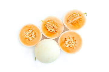 Fresh Honeydew melon fruit and sliced half isolated on white background, Ripe honeydew melon