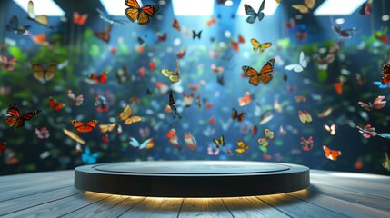 black round podium in center of empty room, colorful butterflies flying around