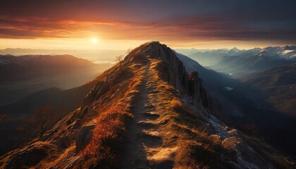 a path leading to the horizon in top of mountain landscape background at sunset natural view top of...