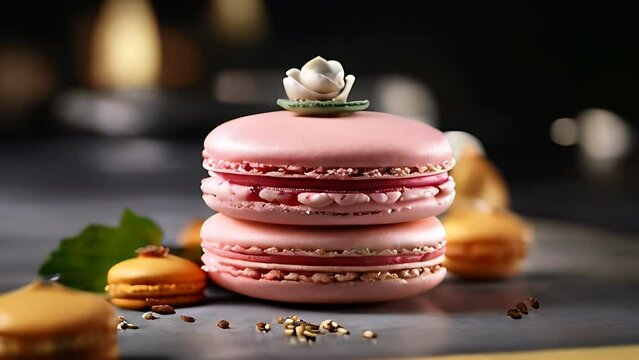Rotating shot stack of macarons close up, high detail