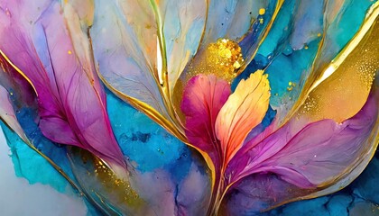 abstract floral fluid art painting in alcohol ink liquid technique imitation of fantastic flower...