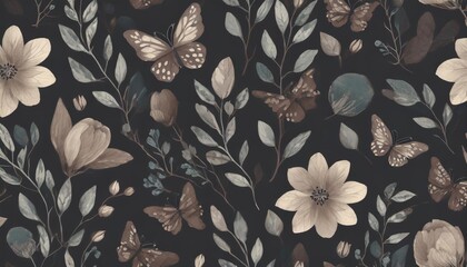 cute seamless pattern with flowers leaves butterflies branches and buds - obrazy, fototapety, plakaty
