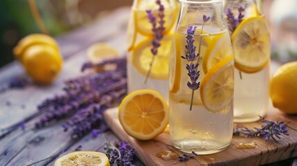 Glass pitcher with fresh lemons and lavender