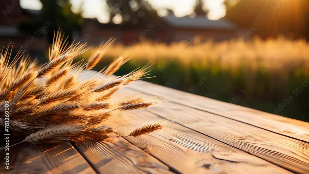 Poster a wooden table with a bunch of wheat on it. the wheat is scattered all over the table and some of it
