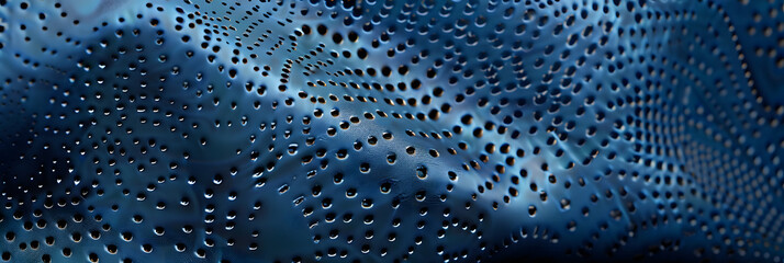 A detailed shot of electric blue leather with perforated holes creating a textured pattern. The leather has a glossy finish resembling metal, with a hint of darkness and moisture - obrazy, fototapety, plakaty