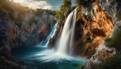 waterfall crashing down cliff face in croatia