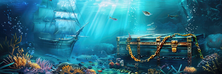 A painting depicting an underwater scene with a treasure chest nestled among colorful coral reef, surrounded by various sea creatures