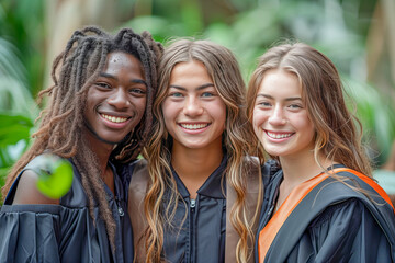 three students of various ethnicities graduated in academic attire smiling in the university garden