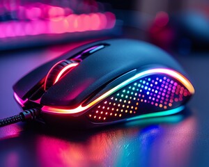 Black gaming mouse on desk, closeup with rainbow glow, highdetail 8K, ideal for gaming gear enthusiasts , 8K , high-resolution, ultra HD,up32K HD - obrazy, fototapety, plakaty