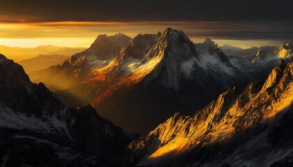 black and gold painting of mountain range at sunrise - obrazy, fototapety, plakaty