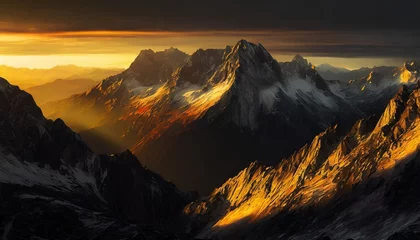 Foto op Plexiglas black and gold painting of mountain range at sunrise © William