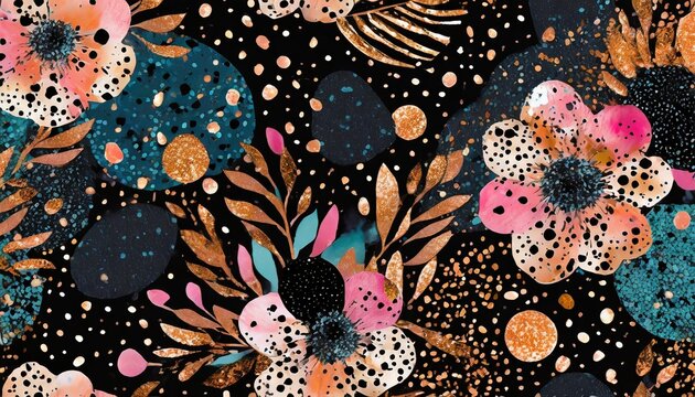 abstract black peach and rose gold polka dots with terrazzo doodle floral digital stamps and overlays in the style of a striped painting bold color palette iconic charming colorful geometrics