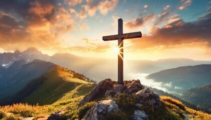 crucifixion of jesus christ at sunrise a christian cross on top of a hill at sunset easter and christian concept horizontal background copy space for text