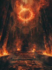 Dark and imposing Hell Throne Hall, with a throne encircled by fire, perfect for a frightening background in 8K detail , 8K , high-resolution, ultra HD,up32K HD - obrazy, fototapety, plakaty