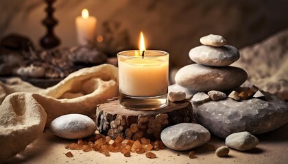 aroma candle on beige background warm aesthetic composition with stones cozy home comfort relaxation and wellness concept interior decoration mockup