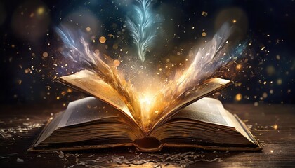 a fantasy book open bursting with magic and knowledge generative ai