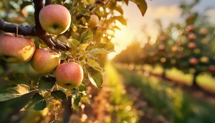 fruit farm with apple trees branch with natural apples on blurred background of apple orchard in golden hour concept organic local season fruits and harvesting generative ai