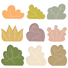 Color vector illustration depicting various abstract bushes. Nature illustration, shades of green, brown 