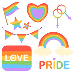 Color vector illustration with icons on the theme of LGBT. Pride month, rainbow, flag, heart, lettering