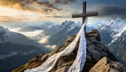 white satin scarf tied around weathered wooden cross on top of a windswept mountain peak overlooking a range of jagged rocky peaks partially obscured by mist - obrazy, fototapety, plakaty