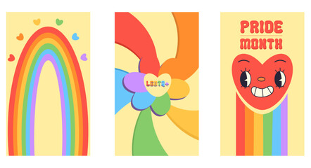 Color vector illustration with lgbt theme posters in groovy style. Pride month, rainbow, heart, lettering
