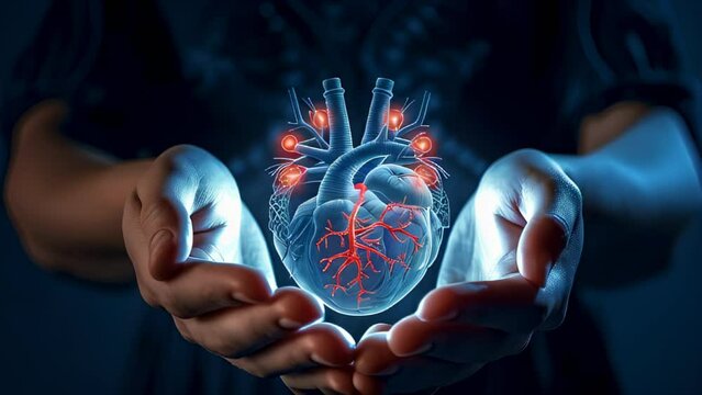 A person is holding a heart in their hands. The heart is surrounded by red veins, giving it a sense of life and vitality. The image conveys a feeling of warmth and love