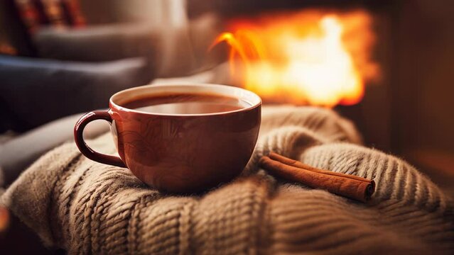 A cup of tea with a cinnamon stick in it is sitting on a blanket. The image conveys a cozy and warm atmosphere, perfect for a relaxing evening