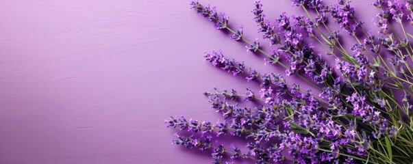 Obraz premium banner with closeup of a bouquet of purple lavender flowers on purple table texture background, top view