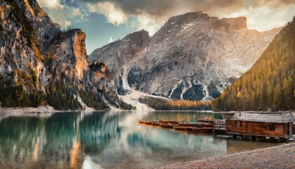 amazing natural landscape at sunset stunning morning scene on the braies lake pragser wildsee in dolomites mountains italy lago di braies iconic location for landscape photographers - obrazy, fototapety, plakaty