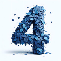 the number 4 is made out of blue Leaves, Isolated on a white background, leaves numbers concept, Creative Alphabet, numbers, Natural Blue
