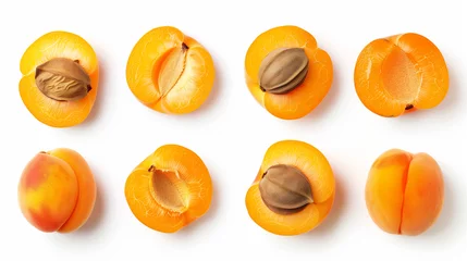Tuinposter Set of fresh apricots isolated on white background, top view, capturing the essence of summer with ripe, golden apricots that radiate warmth and sweetness, artfully arranged to showcase their soft © Aleksandra