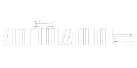 Outline of many books standing in a row. Books stack minimalist vector illustration design on white background. Isolated simple line modern graphic style. Hand drawn graphic concept for education. 3D.