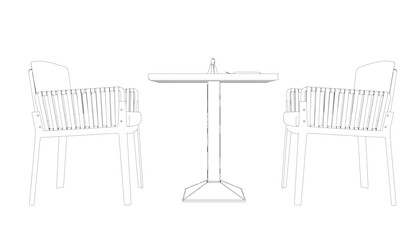 Outline of two chairs and a table with forks, knives and napkins. Side View.