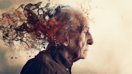 Memory loss due to dementia. Senior man losing parts of head as symbol of decreased mind function. Generative AI