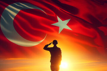 Silhouettes of soldiers saluting on background of sunset or sunrise and Turkish flag.  Memorial Day, Independence Day, greetings, generative ai