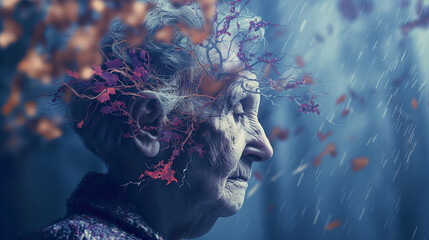 Memory loss due to dementia. Senior woman losing parts of head as symbol of decreased mind function. Generative AI