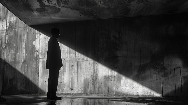 Une silhouette sombre d'un homme dans un environnement souterrain et b&eacute;tonn&eacute; comme un parking, all&eacute;gorie de la solitude et de l'isolement, sans domicile fixe