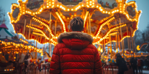 photo of a man in front of a carousel