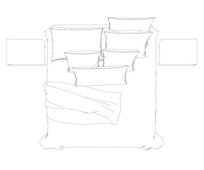 Outline of a sleeping bed with an unmade blanket and pillows from black lines isolated on a white background. View from above. Vector illustration.