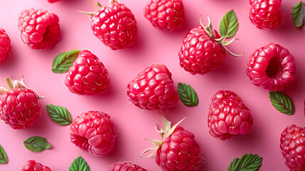 Raspberries, close-up, simple soft pink background, isometric, top view, clean background,...